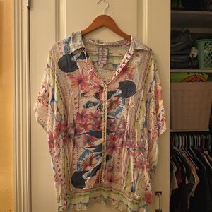 Johnny Was Floral Patchwork Button Front Blouse in Cream, Pink, Blue